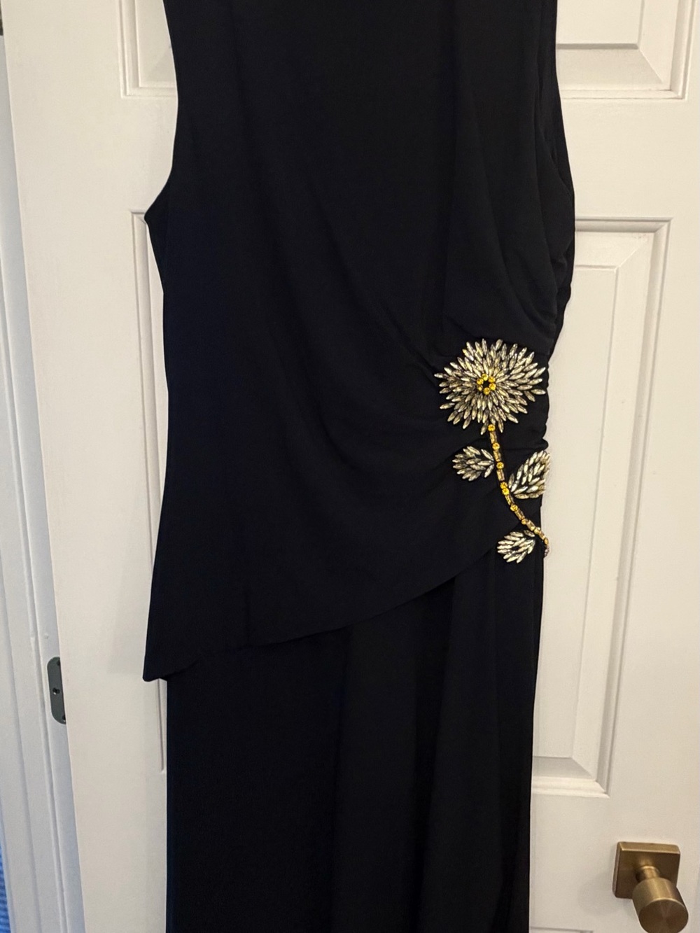 JS Collections Black Asymmetrical Evening Gown with Gold Floral Brooch